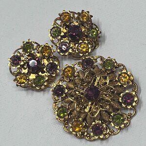 Vintage Brooch and Clip Earrings Set - Pretty muted Jewel Toned Rhinestones